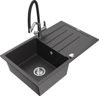 Mexen Bruno lava-louça de granito de uma bacia com escorredor e misturadora de cozinha Duo, preto salpicado - 6513-76-671701-07