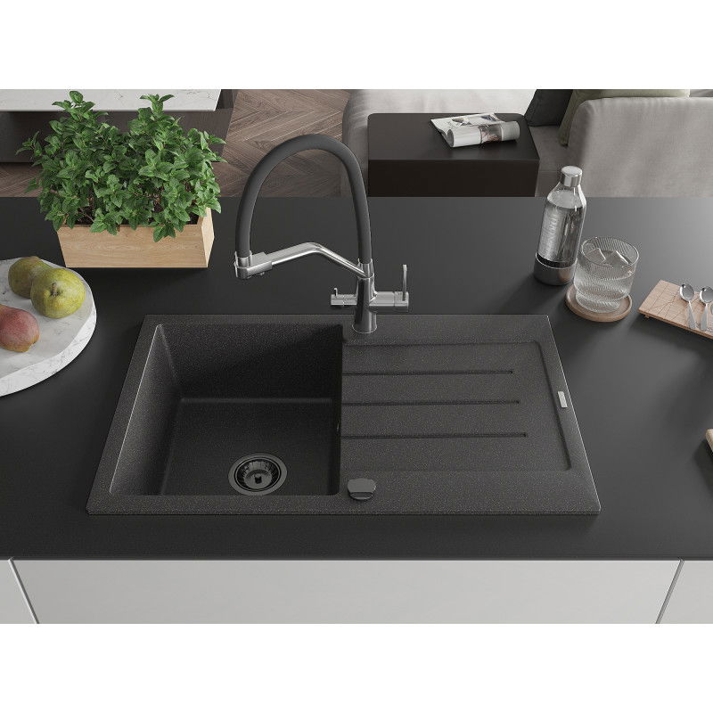 Mexen Bruno granite kitchen sink 1-bowl with drainer and Duo kitchen tap, black speckled - 6513-76-671701-07-B