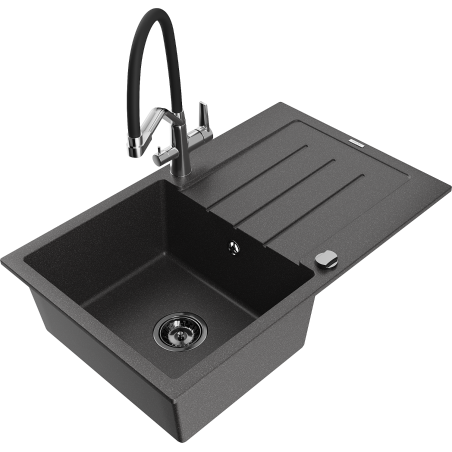Mexen Bruno granite kitchen sink 1-bowl with drainer and Duo kitchen tap, black speckled - 6513-76-671701-07-B