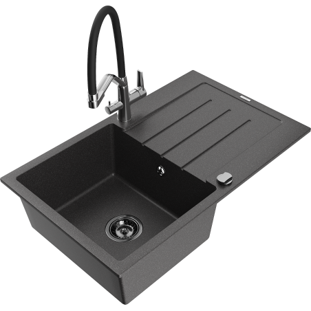 Mexen Bruno granitische spoelbak met 1 bak, afdruiprek en keukenkraan Duo, zwart gespikkeld - 6513-76-671701-07-B