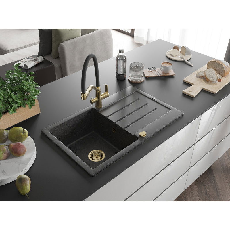 Mexen Bruno fregadero de granito de 1 seno con escurridor y grifo de cocina Duo, negro moteado - 6513-76-671701-57-G