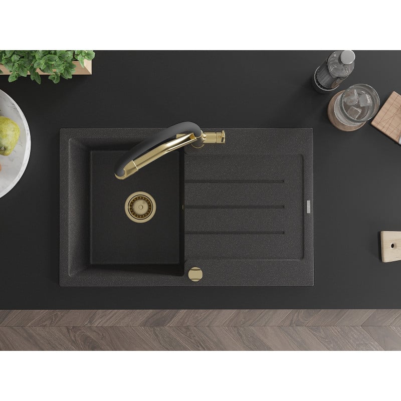 Mexen Bruno fregadero de granito de 1 seno con escurridor y grifo de cocina Duo, negro moteado - 6513-76-671701-57-G
