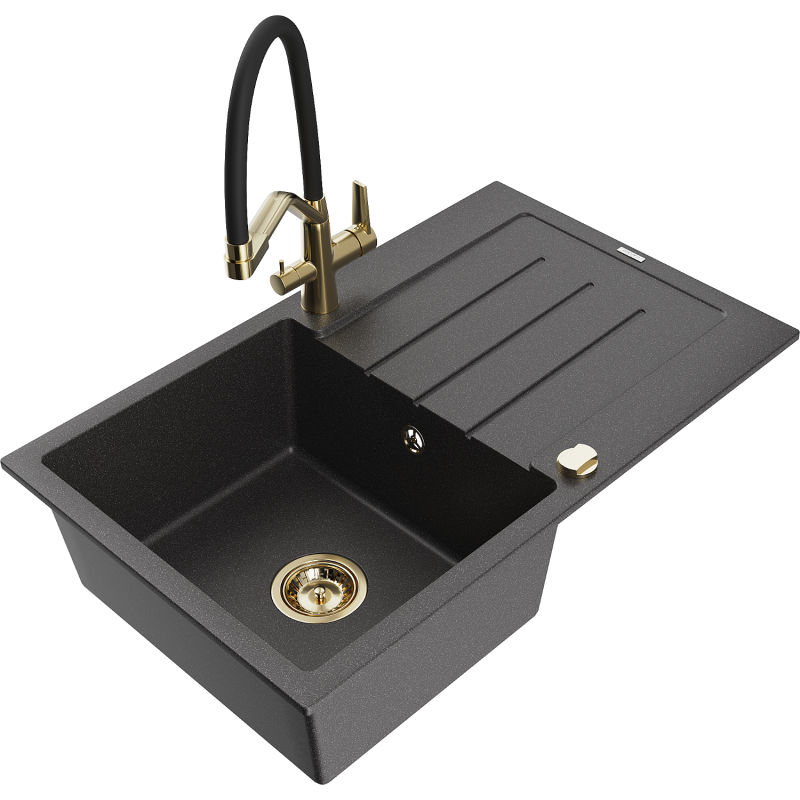 Mexen Bruno fregadero de granito de 1 seno con escurridor y grifo de cocina Duo, negro moteado - 6513-76-671701-57-G