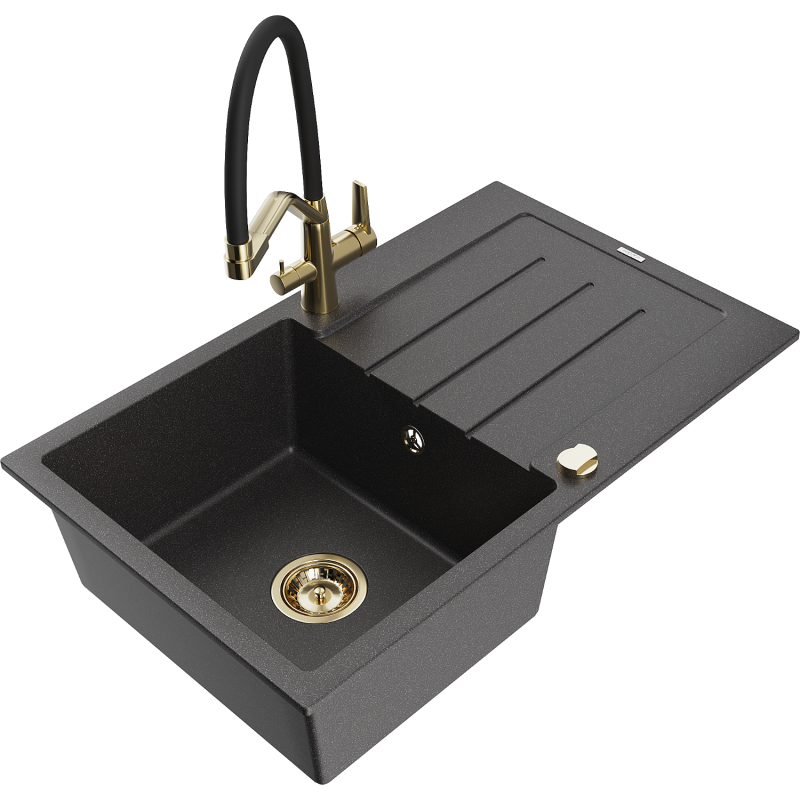 Mexen Bruno lava-louça de granito 1-bacia com escorredor e torneira de cozinha Duo, preto salpicado - 6513-76-671701-57-G