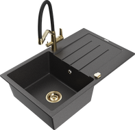 Mexen Bruno granite sink 1-bowl with drainer and Duo kitchen tap, speckled black - 6513-76-671701-57-G