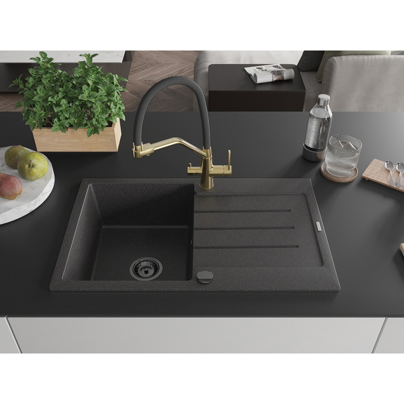 Mexen Bruno fregadero de granito de 1 cubeta con escurridor y grifo de cocina Duo, negro moteado - 6513-76-671701-57-B