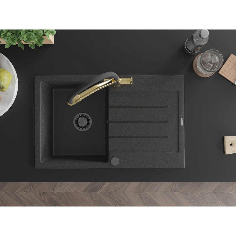 Mexen Bruno fregadero de granito de 1 seno con escurridor y grifo de cocina Duo, negro moteado - 6513-76-671701-57-B
