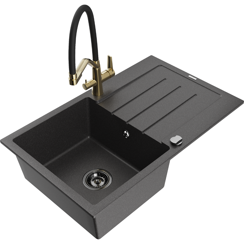 Mexen Bruno granite sink 1-bowl with drainer and Duo kitchen tap, speckled black - 6513-76-671701-57-B