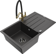 Mexen Bruno granite sink 1-bowl with drainer and Duo kitchen tap, speckled black - 6513-76-671701-57-B