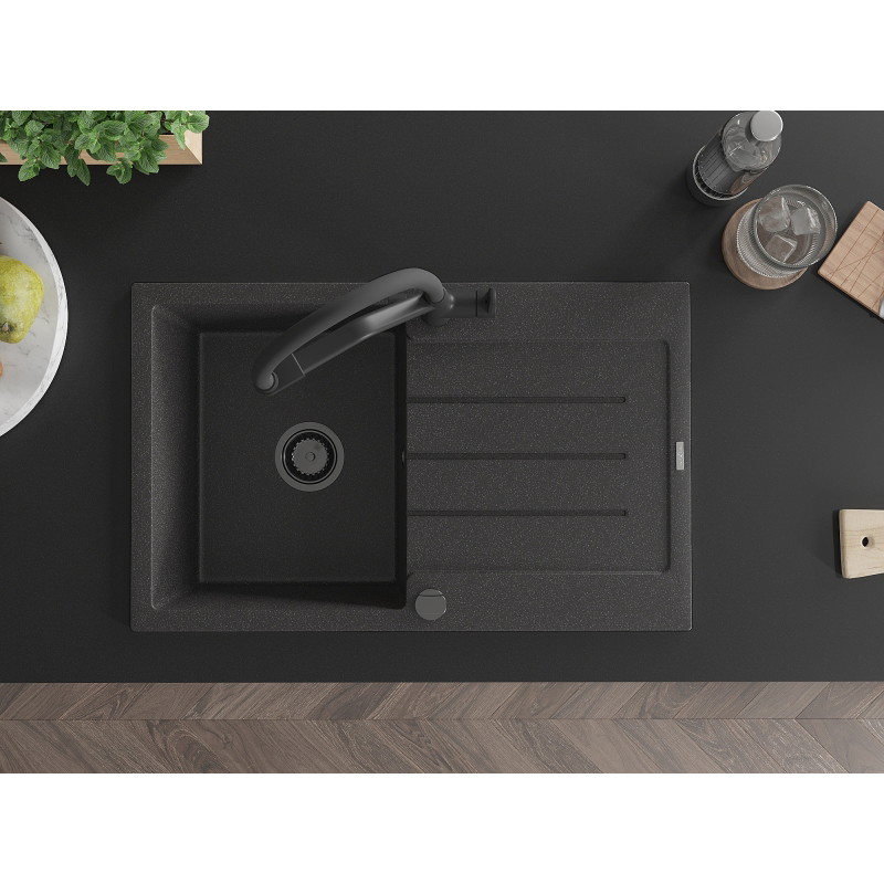 Mexen Bruno Granitspüle 1-becken mit Abtropffläche und Küchenarmatur Duo, schwarz gesprenkelt - 6513-76-671701-70-B