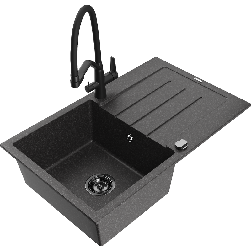 Mexen Bruno fregadero de granito de 1 compartimento con escurridor y grifo de cocina Duo, negro moteado - 6513-76-671701-70-B