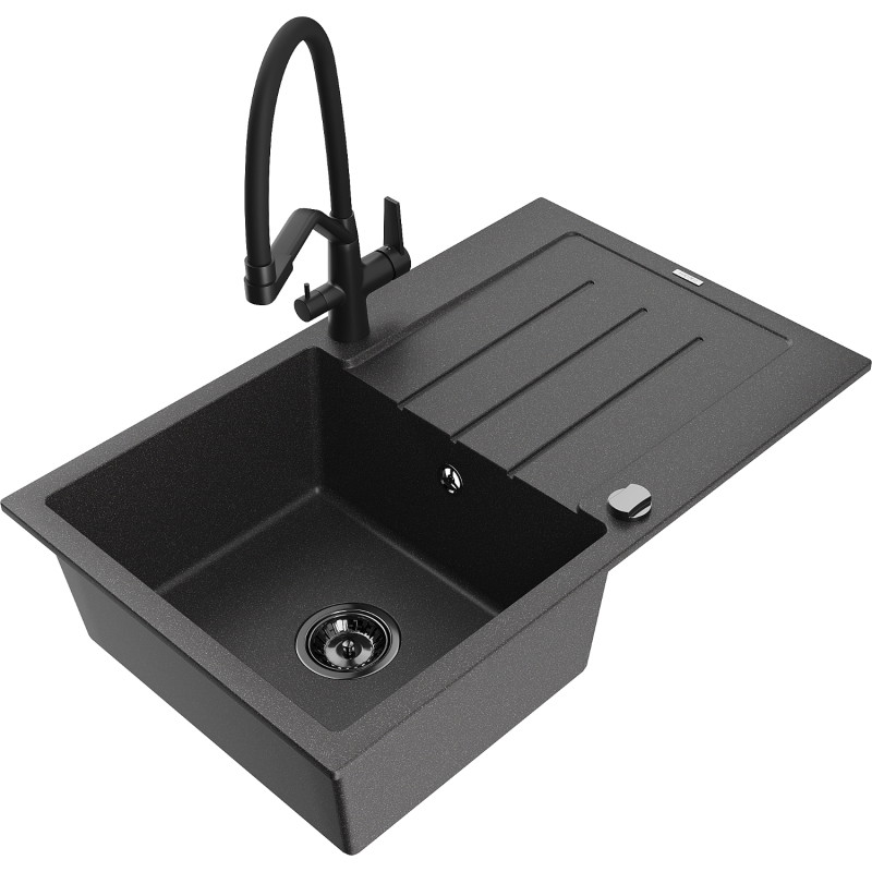 Mexen Bruno fregadero de granito de 1 cubeta con escurridor y grifo de cocina Duo, negro moteado - 6513-76-671701-70-B