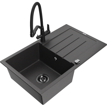 Mexen Bruno fregadero de granito de 1 cubeta con escurridor y grifo de cocina Duo, negro moteado - 6513-76-671701-70-B