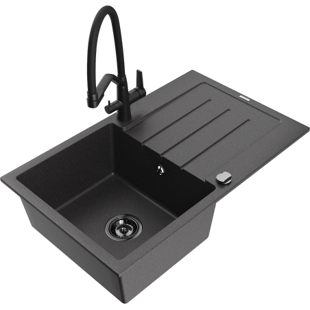 Mexen Bruno granite sink 1-bowl with drainer and Duo kitchen tap, speckled black - 6513-76-671701-70-B