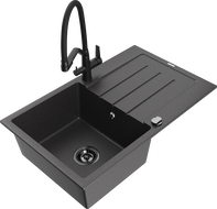 Mexen Bruno fregadero de granito de 1 compartimento con escurridor y grifo de cocina Duo, negro moteado - 6513-76-671701-70-B