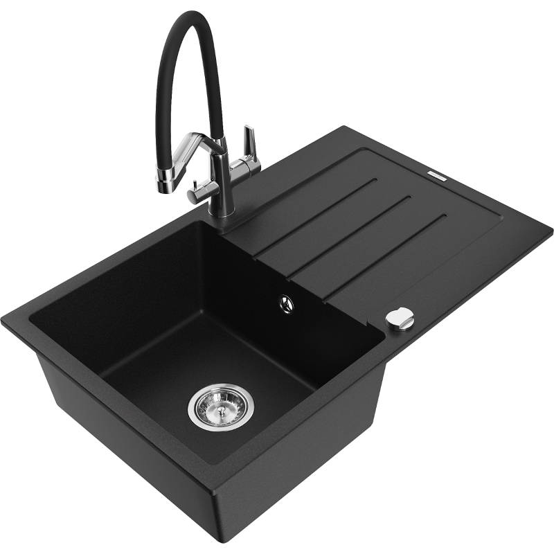 Mexen Bruno granieten gootsteen 1-komorig met afdruiprek en keukenmengkraan Duo, zwart - 6513-77-671701-07