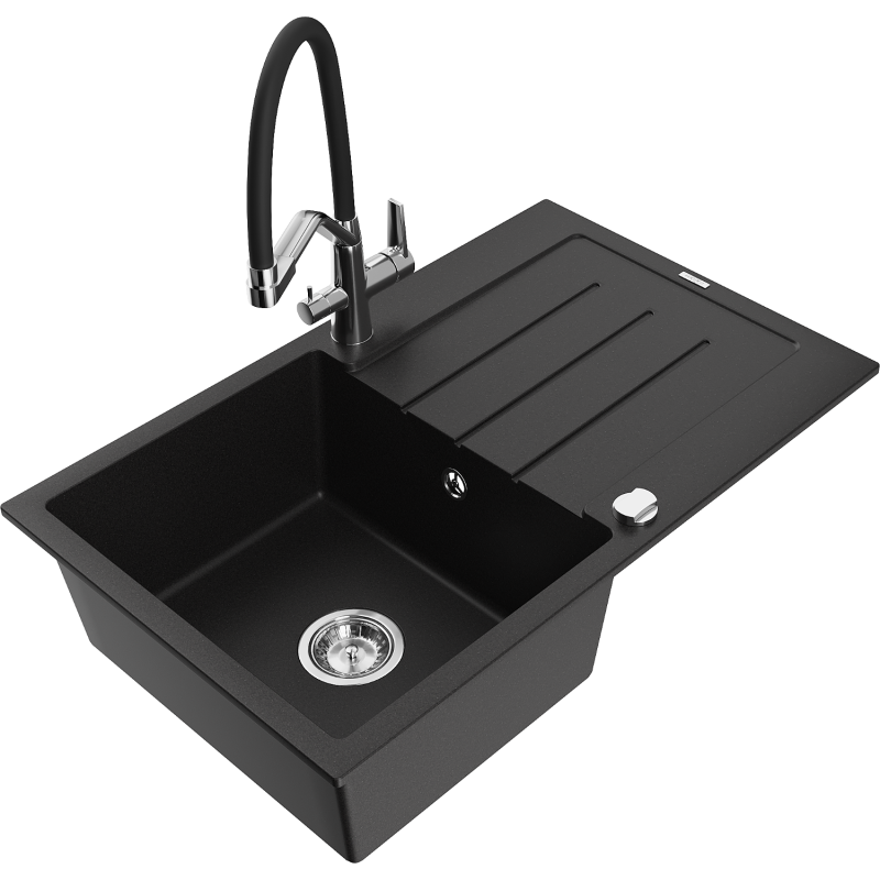 Mexen Bruno granite sink 1-bowl with drainer and Duo kitchen tap, black - 6513-77-671701-07