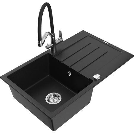 Mexen Bruno granite sink 1-bowl with drainer and Duo kitchen tap, black - 6513-77-671701-07