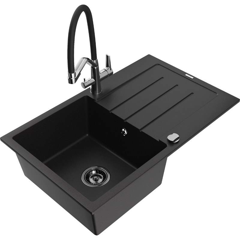 Mexen Bruno 1-bowl granite sink with drainer and Duo kitchen tap, black - 6513-77-671701-07-B