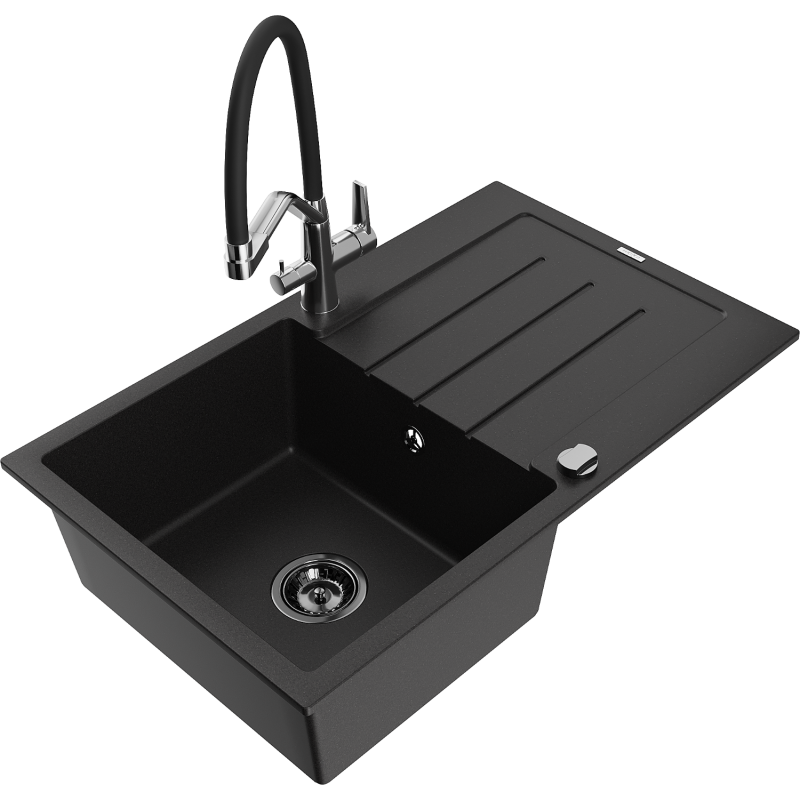 Mexen Bruno fregadero de granito de 1 seno con escurridor y grifo de cocina Duo, negro - 6513-77-671701-07-B