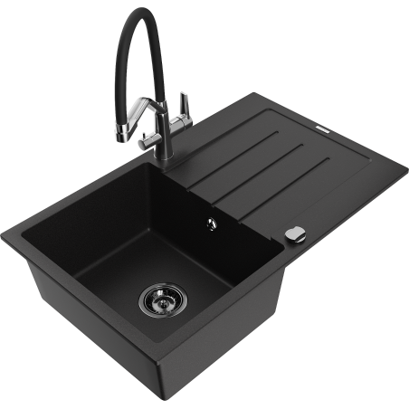 Mexen Bruno 1-bowl granite sink with drainer and Duo kitchen tap, black - 6513-77-671701-07-B
