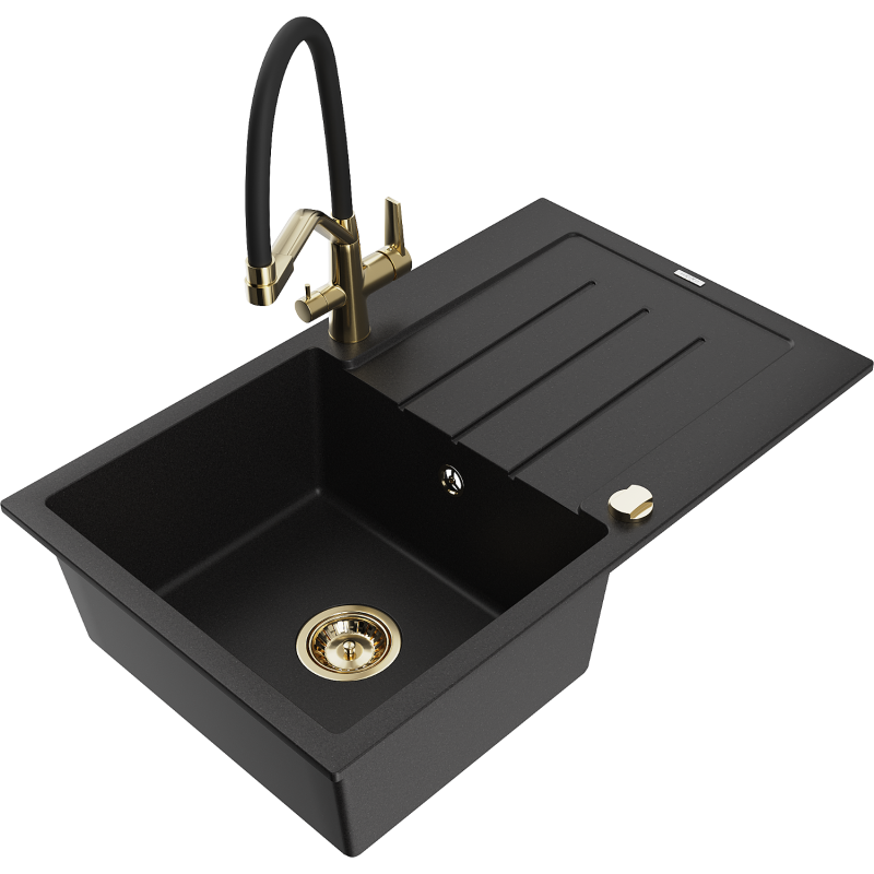 Mexen Bruno fregadero de granito de 1 cubeta con escurridor y grifo de cocina Duo, negro - 6513-77-671701-57-G