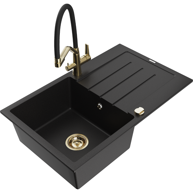 Mexen Bruno granit izlietne ar 1 nodalījumu un noteku un virtuves krānu Duo, melna - 6513-77-671701-57-G