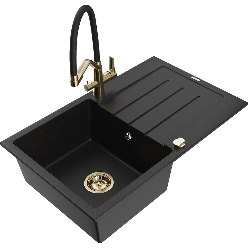 Mexen Bruno Granitspüle 1-Becken mit Abtropffläche und Küchenarmatur Duo, schwarz - 6513-77-671701-57-G