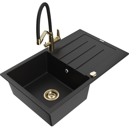 Mexen Bruno fregadero de granito de 1 cubeta con escurridor y grifo de cocina Duo, negro - 6513-77-671701-57-G