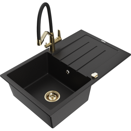 Mexen Bruno granite kitchen sink 1-bowl with drainer and Duo kitchen faucet, black - 6513-77-671701-57-G