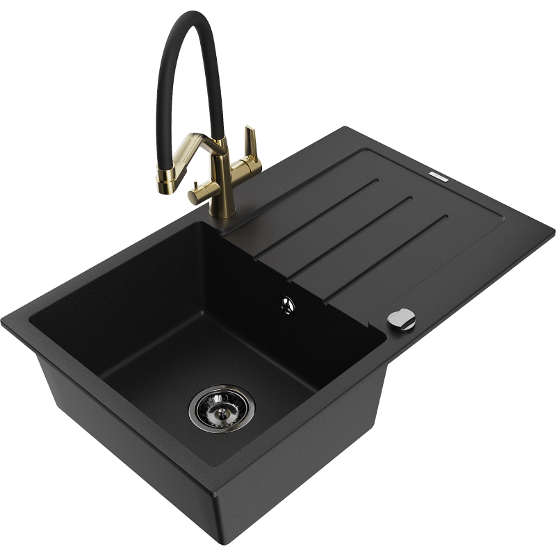 Mexen Bruno fregadero de granito 1-cubeta con escurridor y grifo de cocina Duo, negro - 6513-77-671701-57-B