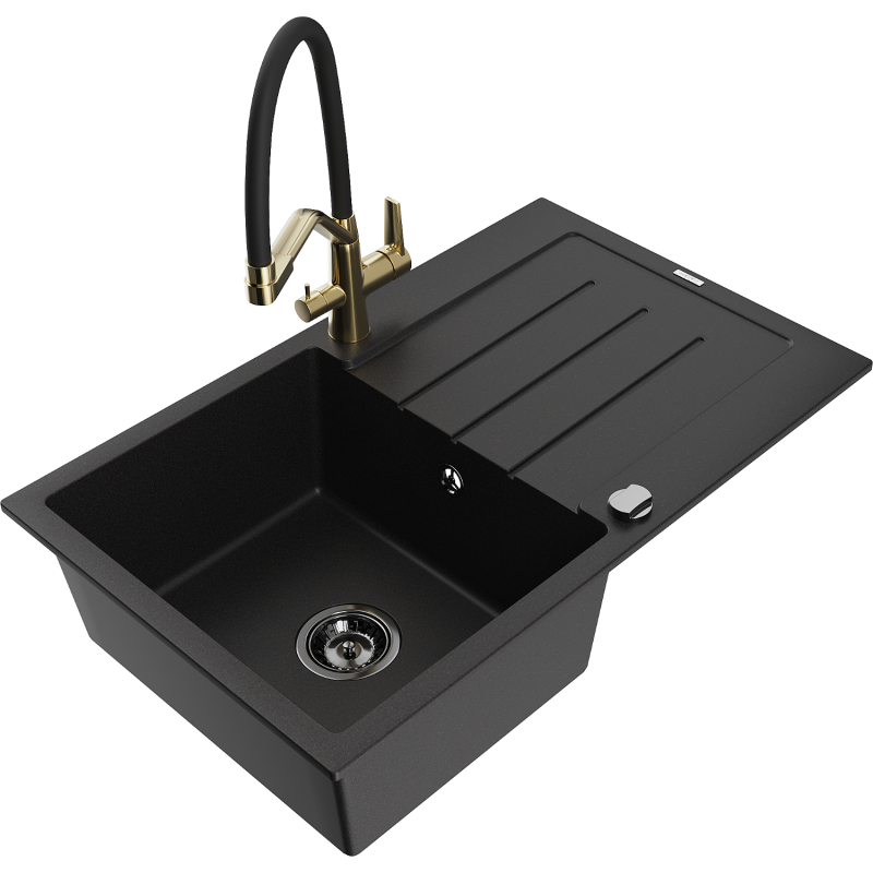 Mexen Bruno granitdiskho med 1 ho och avlastningsyta samt köksblandare Duo, svart - 6513-77-671701-57-B