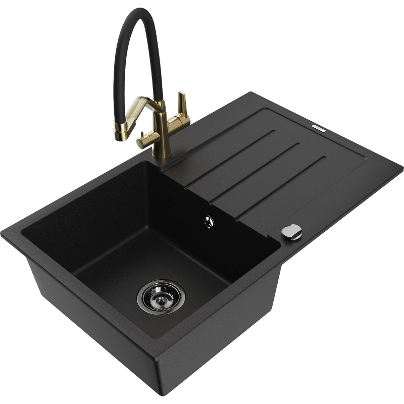Mexen Bruno granite sink 1-bowl with drainer and Duo kitchen tap, black - 6513-77-671701-57-B
