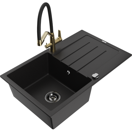 Mexen Bruno granitais izlietne ar vienu nodalījumu ar notekpaliktni un virtuves jaucējkrānu Duo, melna - 6513-77-671701-57-B