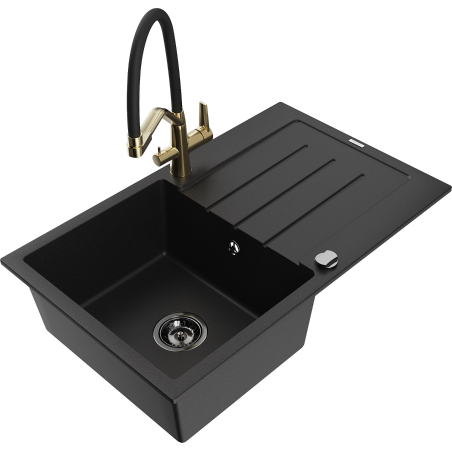 Mexen Bruno granite sink 1-bowl with drainer and Duo kitchen tap, black - 6513-77-671701-57-B