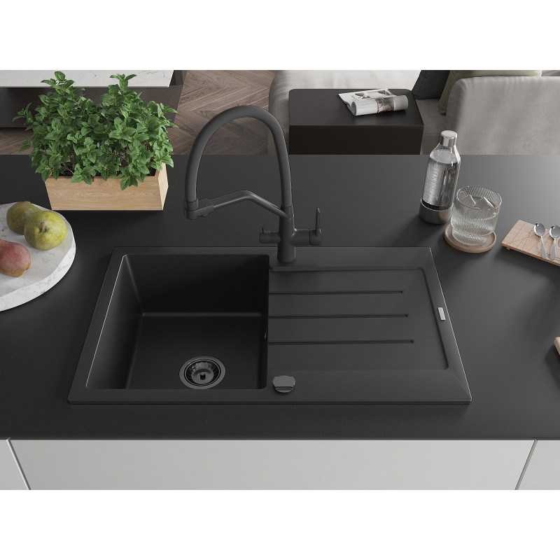 Mexen Bruno Granitspüle 1-Becken mit Abtropffläche und Küchenarmatur Duo, schwarz - 6513-77-671701-70-B