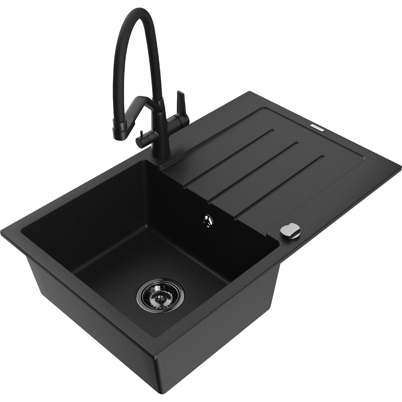 Mexen Bruno 1-bowl granite sink with drainer and Duo kitchen tap, black - 6513-77-671701-70-B
