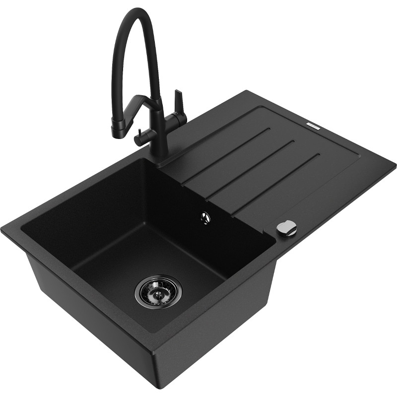 Mexen Bruno fregadero de granito de 1 compartimiento con escurridor y grifo de cocina Duo, negro - 6513-77-671701-70-B