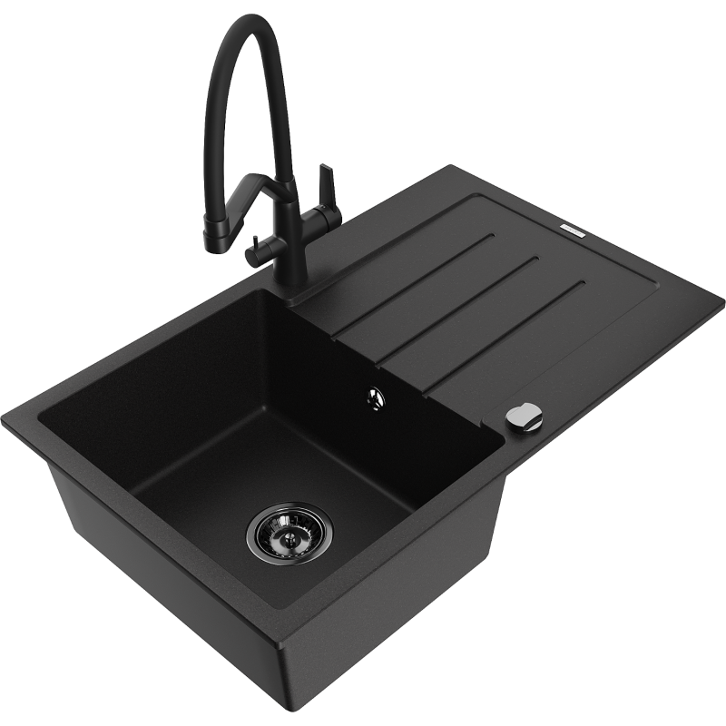 Mexen Bruno fregadero de granito de 1 seno con escurridor y grifo de cocina Duo, negro - 6513-77-671701-70-B