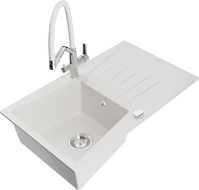 Mexen Cesar fregadero de granito de 1 cubeta con escurridor y grifo de cocina Duo, blanco - 6514-20-671701-02