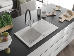 Mexen Cesar granite sink 1-bowl with drainer and Duo kitchen tap, white - 6514-20-671701-07