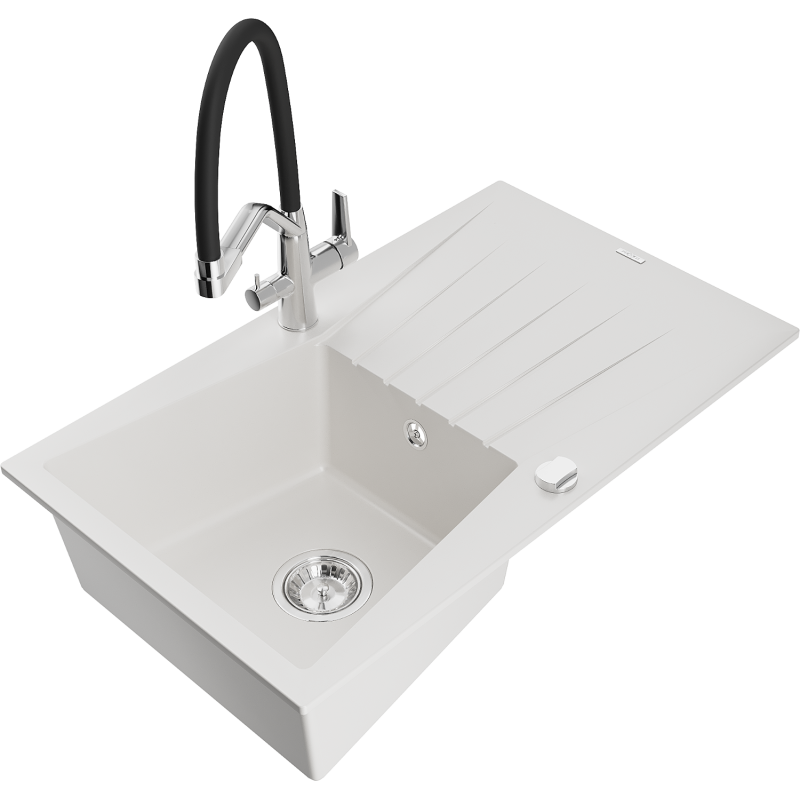 Mexen Cesar fregadero de granito de 1 taza con escurridor y grifo de cocina Duo, blanco - 6514-20-671701-07