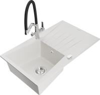 Mexen Cesar granite sink 1-bowl with drainer and Duo kitchen tap, white - 6514-20-671701-07