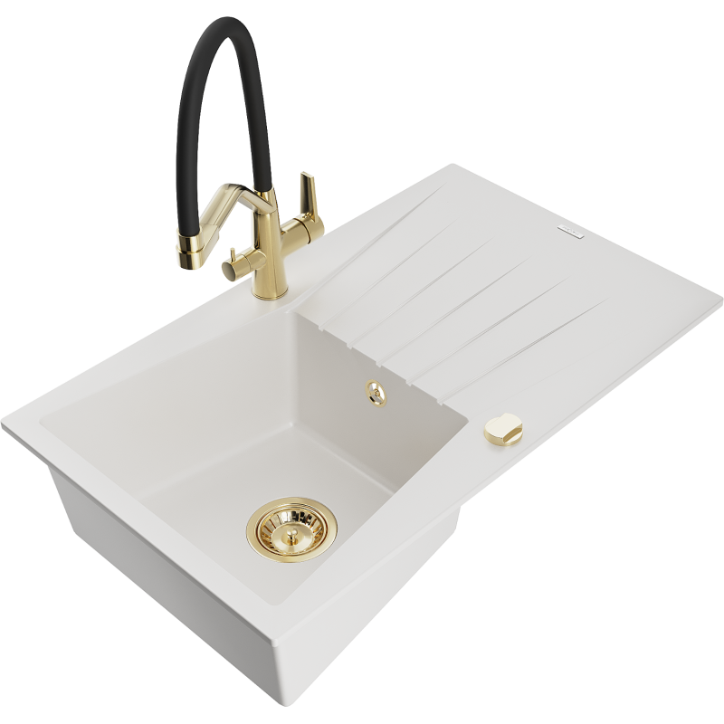 Mexen Cesar lava-loiça de granito de 1 cuba com escorredor e torneira de cozinha Duo, branco - 6514-20-671701-57-G