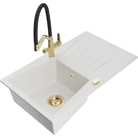 Mexen Cesar fregadero de granito de 1 cubeta con escurridor y grifo de cocina Duo, blanco - 6514-20-671701-57-G