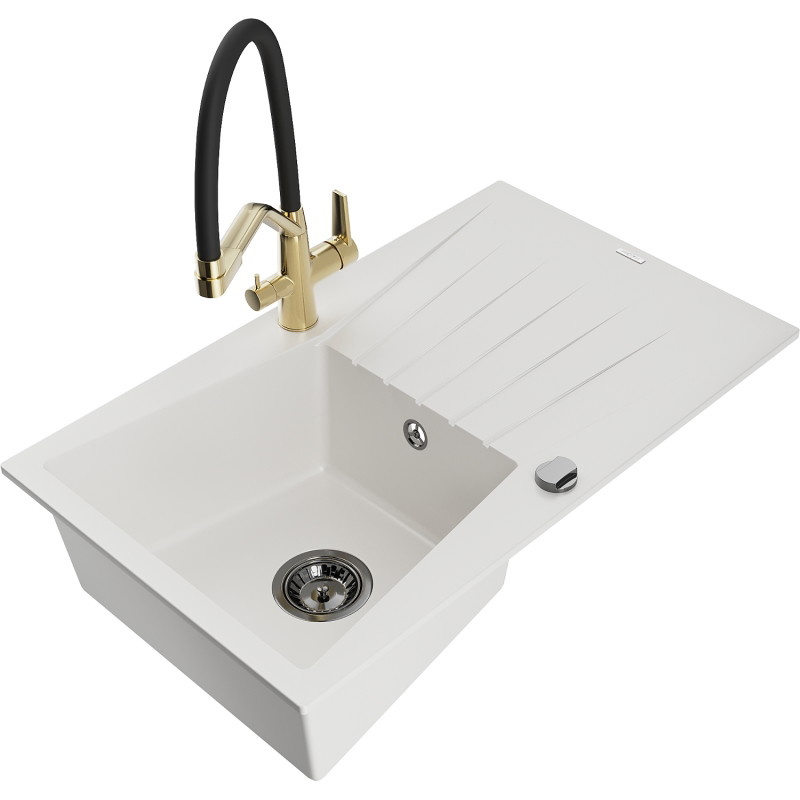 Mexen Cesar fregadero de granito de 1 cubeta con escurridor y grifo de cocina Duo, blanco - 6514-20-671701-57-B