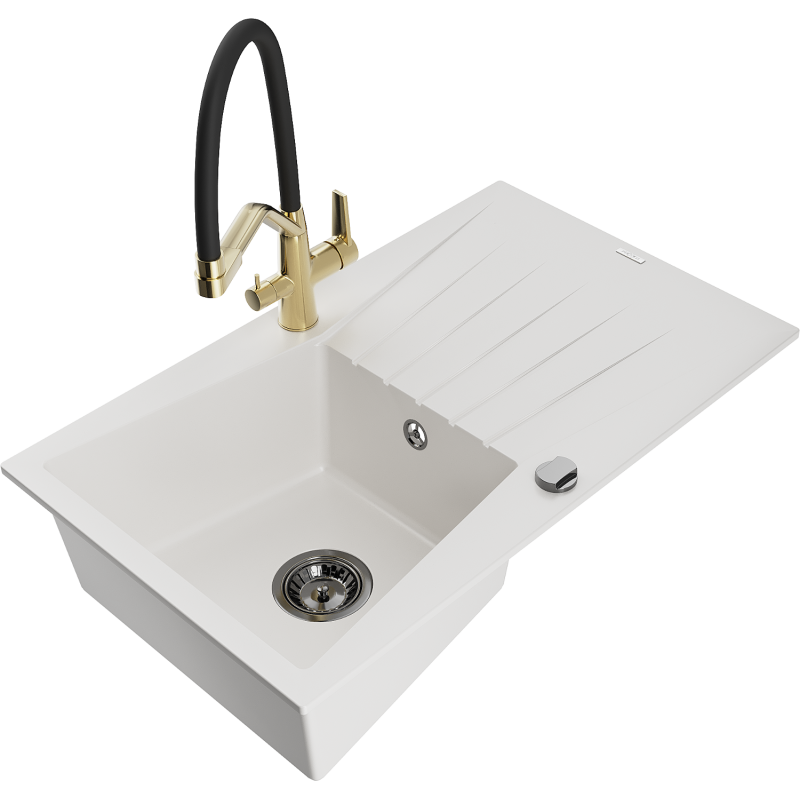 Mexen Cesar granite sink 1-bowl with drainer and Duo kitchen tap, white - 6514-20-671701-57-B