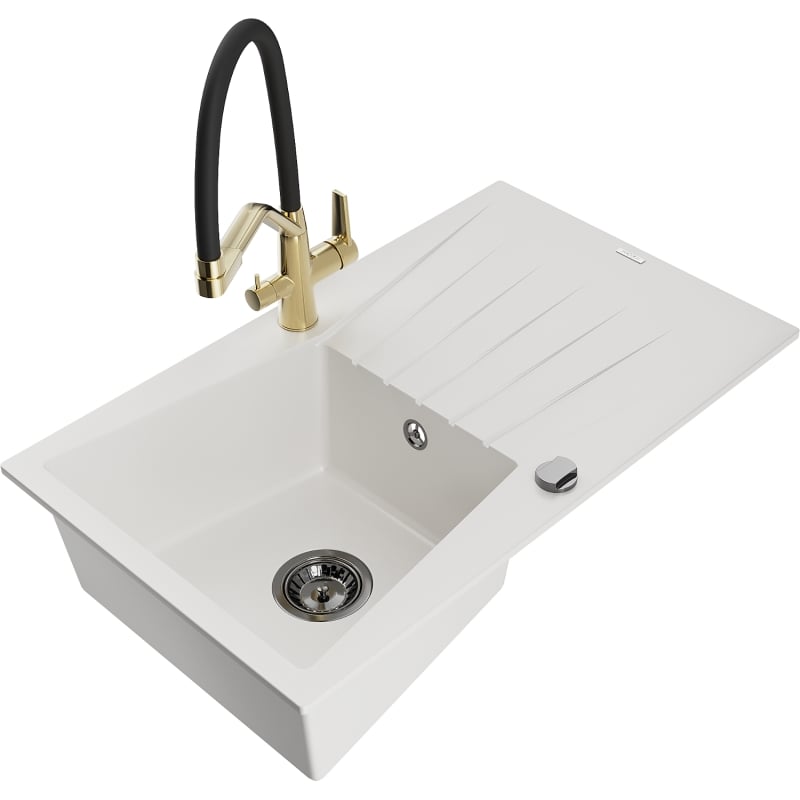 Mexen Cesar granite sink single-bowl with drainer and Duo kitchen faucet, white - 6514-20-671701-57-B