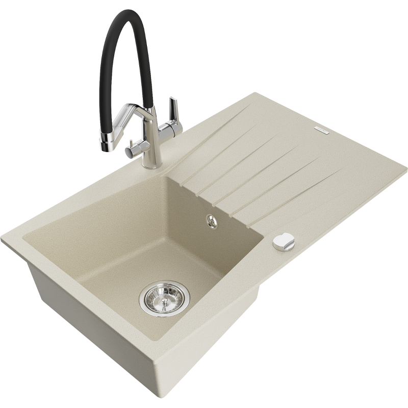 Mexen Cesar fregadero de granito de 1 cubeta con escurridor y grifo de cocina Duo, beige - 6514-69-671701-07