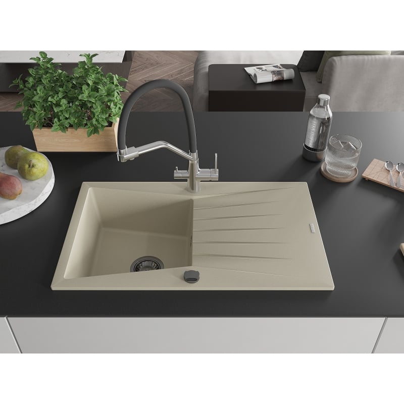 Mexen Cesar 1-Bowl Granite Sink with Drainer and Duo Kitchen Faucet, Beige - 6514-69-671701-07-B